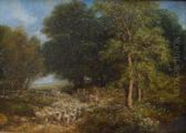 Droving Sheep Through A Gate On The Edge Of A Copse Oil Painting by John Linnell