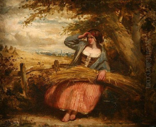 A Mid-day Rest - Peasant Girl With Wheat Sheaf By A Stile Oil Painting by John Linnell