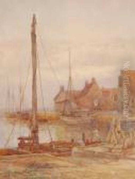 Rural Fishing Harbour Scene Oil Painting by John Linnell