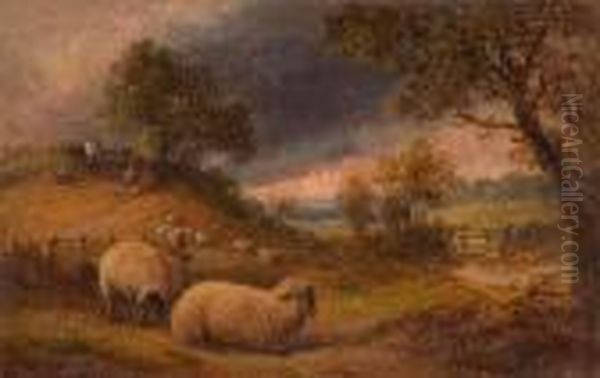 Sheep And Figures In A Landscape At Dusk Oil Painting by John Linnell