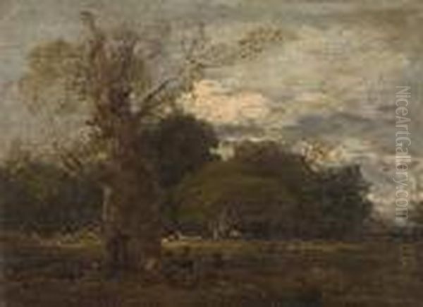 'resting Time'; Figures Beside A Tree In Awooded Landscape Oil Painting by John Linnell