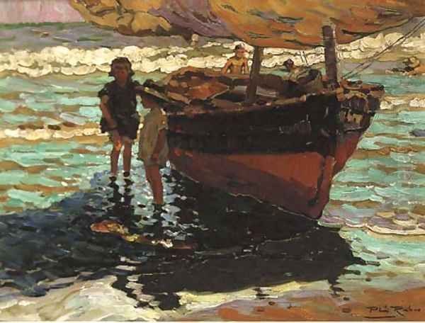 A fishing boat with children on the shore Oil Painting by Alberto Pla y Rubio