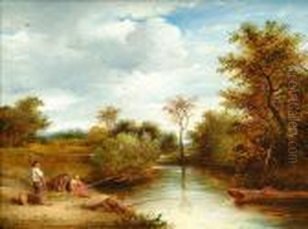 River Landscape With Anglers Oil Painting by John Linnell