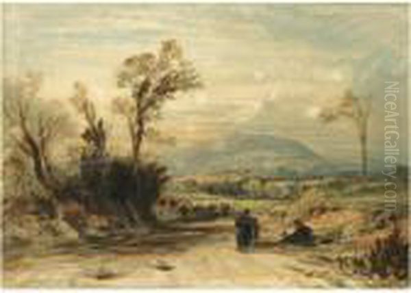 Figures On A Track, In An Extensive Landscape Oil Painting by John Linnell