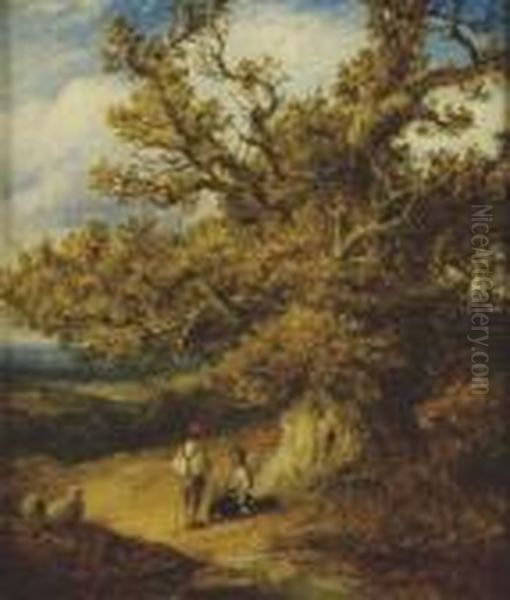 Figures With Dog And Sheep Beneath A Tree Oil Painting by John Linnell