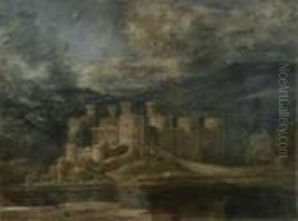 Castle In A Stormy Landscape Oil Painting by John Linnell