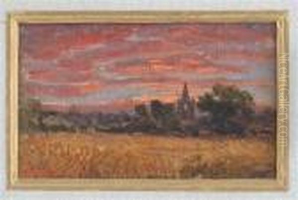 A Church At Dusk; A Ruined Castle Oil Painting by John Linnell