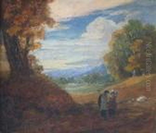 Landscape With Two Figures Walking Oil Painting by John Linnell