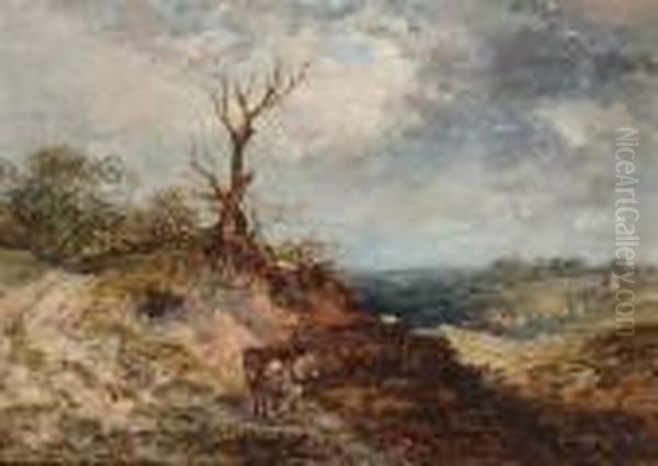 A Horse Drawn Cart In A Rugged Country Landscape Oil Painting by John Linnell