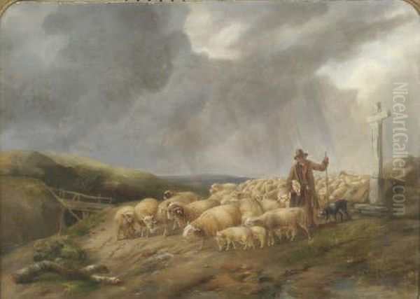 Shepherd And Flock On A Hillside Bears Signature And Dated 1866 20 X 28in Oil Painting by John Linnell