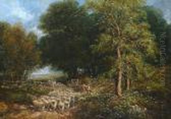 Sheep On A Woodland Track Oil Painting by John Linnell