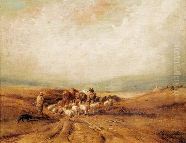 Drover With Packhorses And Sheep In Acoastal Landscape Oil Painting by John Linnell