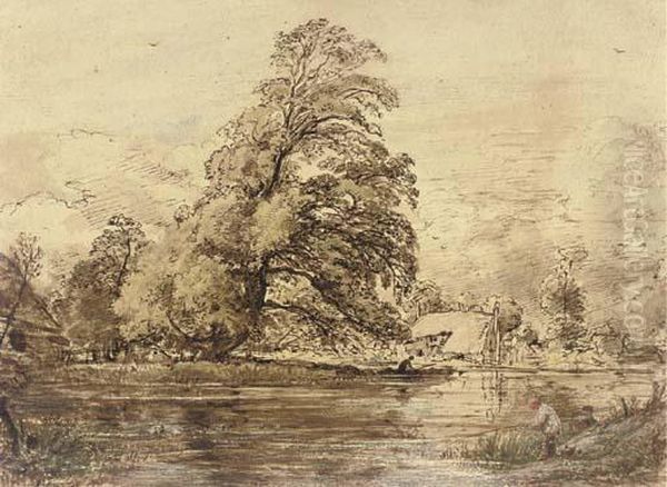 An Angler On A River Bank Oil Painting by John Linnell