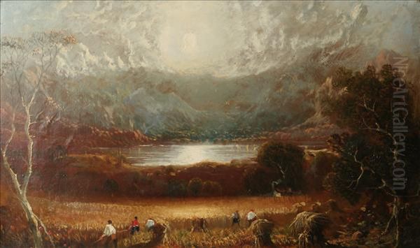 Harvesting Before A Lake With Mountains Beyond Oil Painting by John Linnell