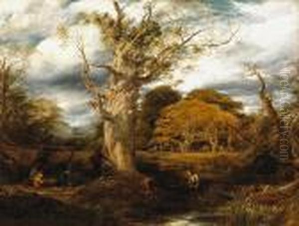 A Large Oak Tree In A Landscape With Figures And Children Gathering Wood Oil Painting by John Linnell