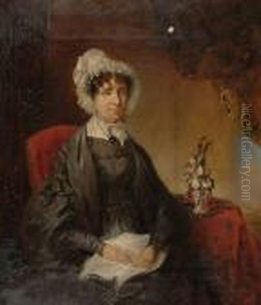 Portrait Of Mrs Ann Clowes 
Seated In An Interior, Wearing A Black Dress And A White Bonnet Oil Painting by John Linnell