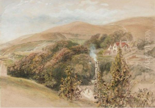 Cottages In A Hilly Landscape; Study Of A Lake And Woodland by John Linnell