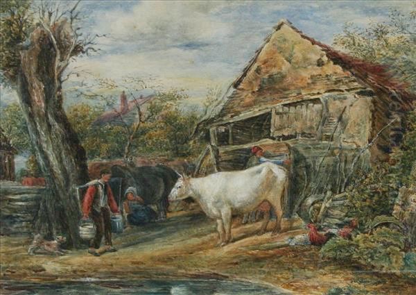 Farmyardscene With Cattle And Figures Before A Ramshackle Stable Oil Painting by John Linnell