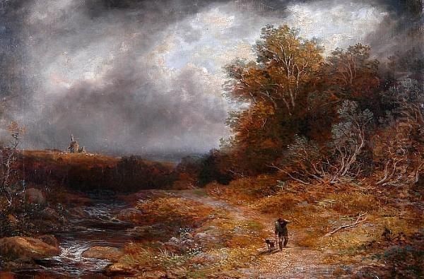 Walking By The River With A Windmmill In The Distance Oil Painting by John Linnell