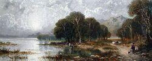 Figures And Animals By The Lochside Oil Painting by John Linnell