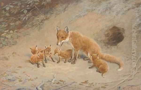 A fox with her cubs before their den Oil Painting by Frank Paton