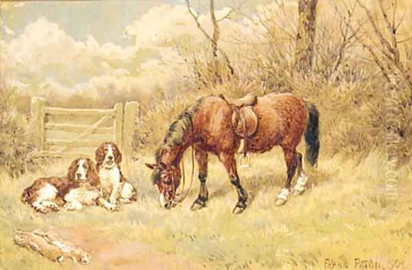 Spaniels and a Horse resting beside a Gate Oil Painting by Frank Paton