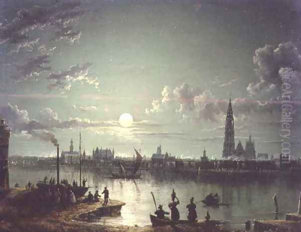 Rotterdam Harbour by Moonlight, 1835 Oil Painting by Sebastian Pether