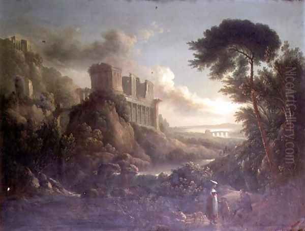 Extensive moonlit rocky river landscape with figures in the foreground and classical ruins beyond Oil Painting by Sebastian Pether