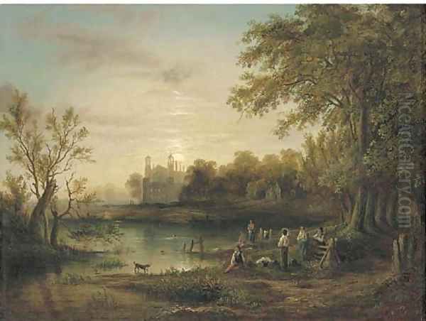 Boys bathing by moonlight with Eton College beyond Oil Painting by Sebastian Pether