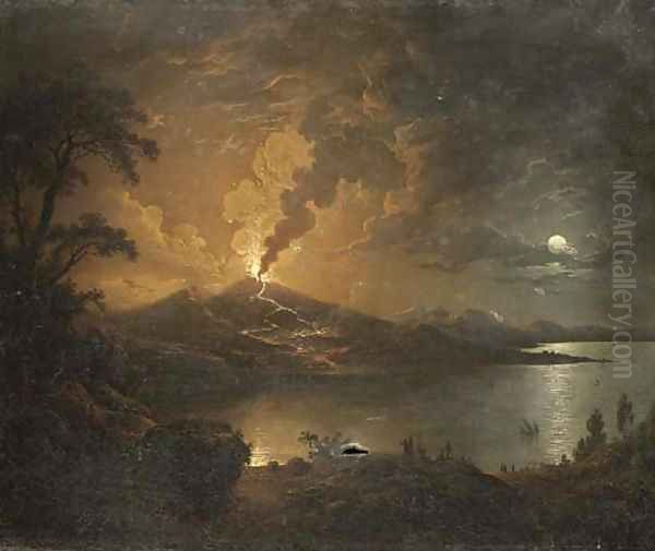 A coastal landscape with a volcano erupting by moonlight Oil Painting by Sebastian Pether