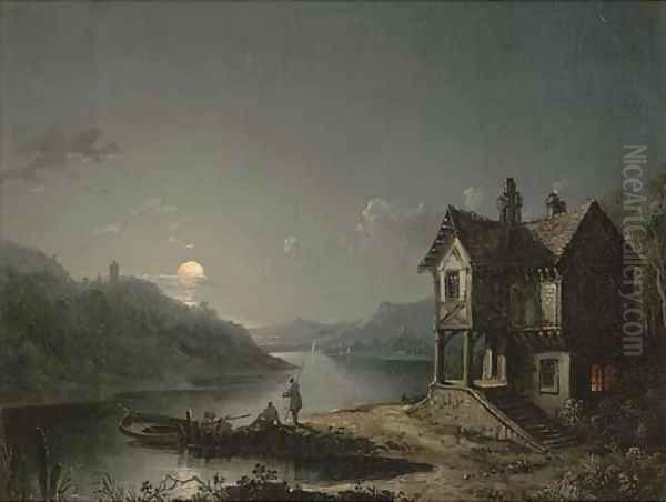 Anglers along a moonlit river Oil Painting by Sebastian Pether