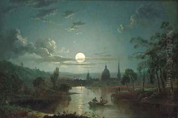 A moonlit river landscape with figures in a boat, a city beyond Oil Painting by Sebastian Pether