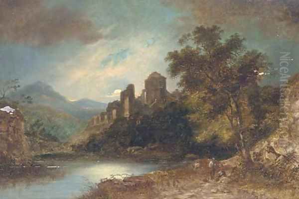 Travellers on a track, a ruined castle beyond Oil Painting by Sebastian Pether