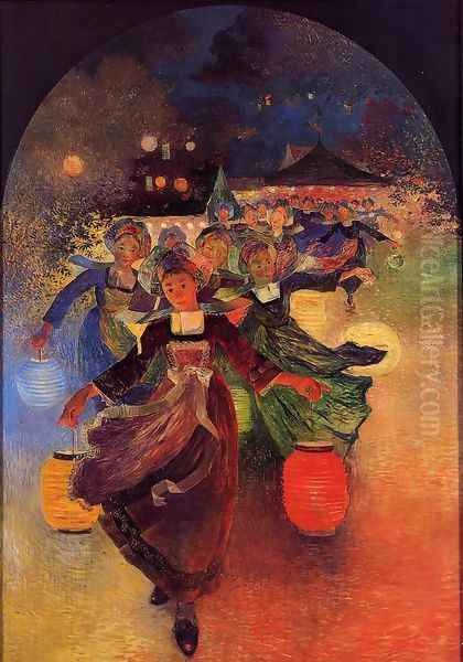 Breton Girls with Chinese Lanterns Oil Painting by Ferdinand Loyen Du Puigaudeau