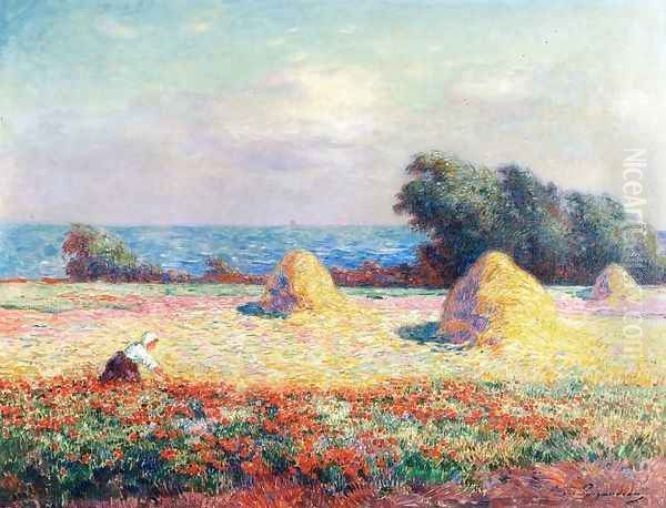 Stacks of Hay and Field of Poppies Oil Painting by Ferdinand Loyen Du Puigaudeau