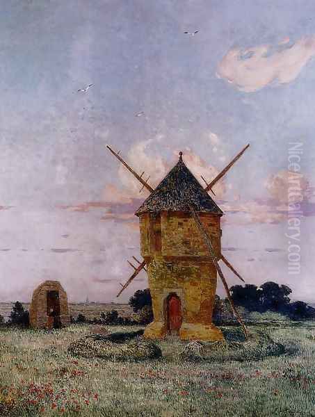 Brittany near Pulis (or Windmill near Guerande) Oil Painting by Ferdinand Loyen Du Puigaudeau