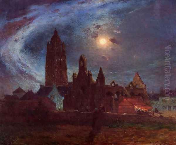 The Bourg-de-Batz Church under the Moon Oil Painting by Ferdinand Loyen Du Puigaudeau