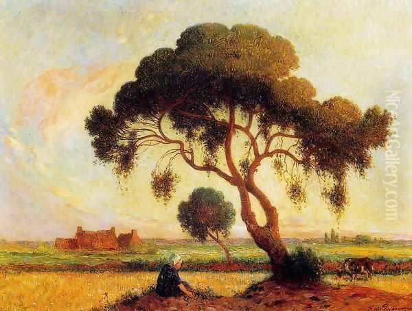 Breton Woman Seated under a Large Tree Oil Painting by Ferdinand Loyen Du Puigaudeau