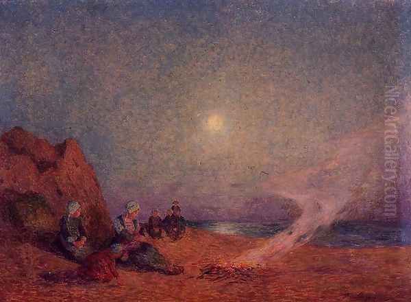 Le Pouldu, Woman on the Beach beside a Fire Oil Painting by Ferdinand Loyen Du Puigaudeau