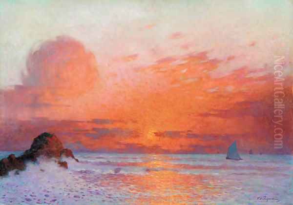 Coucher de soleil sur la mer ou Voiliers au soleil couchant Oil Painting by Ferdinand Loyen Du Puigaudeau