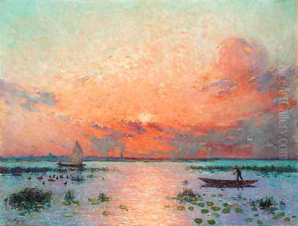 Barques de peche au soleil couchant Oil Painting by Ferdinand Loyen Du Puigaudeau