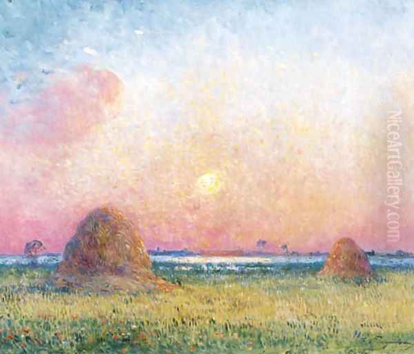 Bottes de ble au coucher du soleil Oil Painting by Ferdinand Loyen Du Puigaudeau