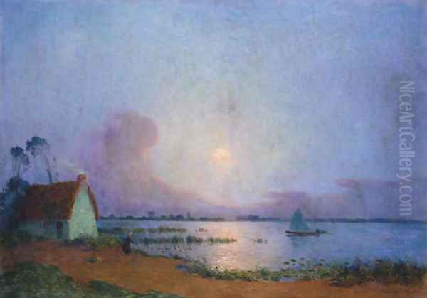 Nuit bleutee sur le marais de la Grande Briere Oil Painting by Ferdinand Loyen Du Puigaudeau