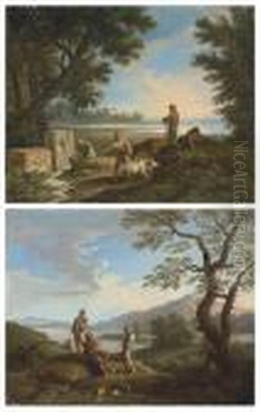 A Pastoral Landscape, With A Woman At A Well, Goatherds And The Seabeyond Oil Painting by Andrea Locatelli