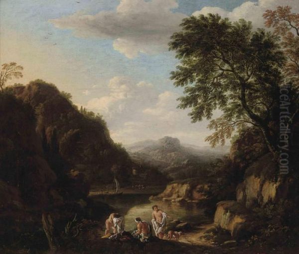 A Wooded River Landscape With Bathers Oil Painting by Andrea Locatelli