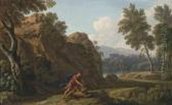 A Rocky River Landscape, With Hercules And The Nemean Lion Oil Painting by Andrea Locatelli