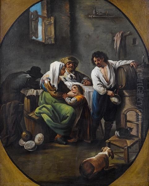 A Peasant Family In An Interior Oil Painting by Andrea Locatelli