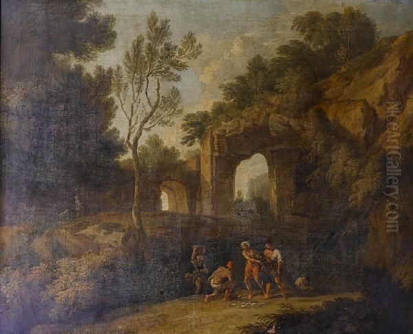 An Italianate River Landscape With Fishermenhauling In Their Nets Before A Waterfall Oil Painting by Andrea Locatelli