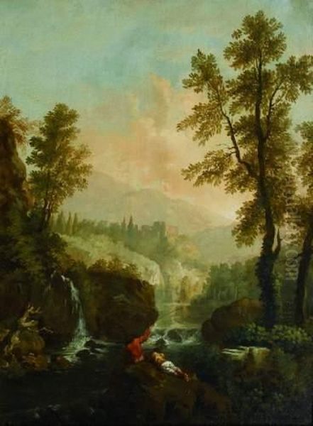 Pecheurs Devant Un Torrent Dans Un Paysage Classique Oil Painting by Andrea Locatelli