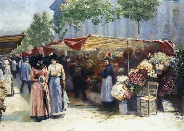 Flower Market Outside the Madeleine Church Oil Painting by Jozef Pankiewicz